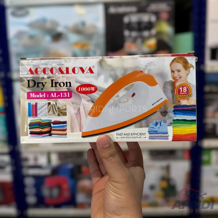 An orange and white dry iron with a non-stick soleplate and 1000W power, offering fast and efficient ironing.