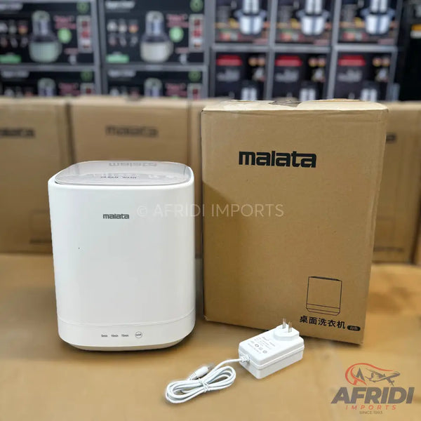 White Malata brand portable washing machine with power adapter.