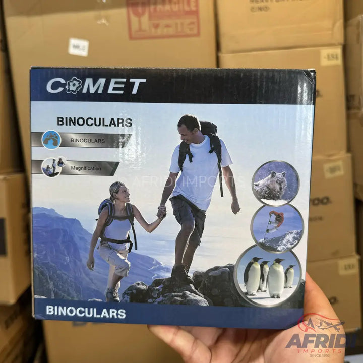 Binoculars in a retail box with images of hikers and wildlife.