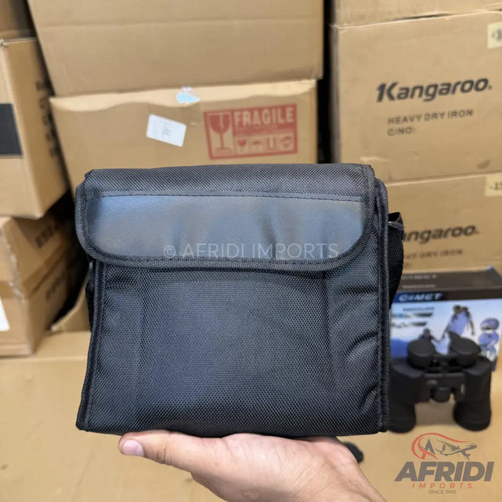 Black rectangular binocular case with a flap closure.