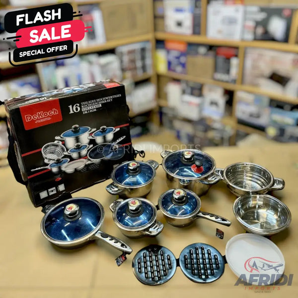 A 16-piece stainless steel cooking pot and pan set with blue glass lids.