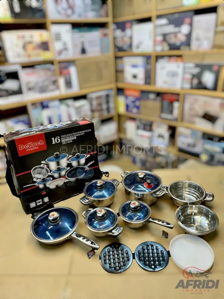 16-piece stainless steel cookware set with blue lids and handles.