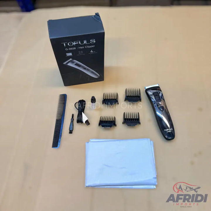 Black hair clipper set with multiple guide combs and accessories.