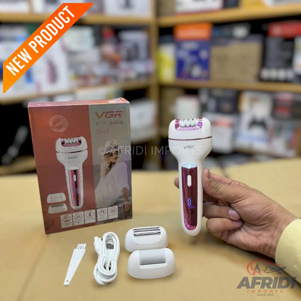 A white and pink electric epilator with multiple interchangeable heads and a charging cable.