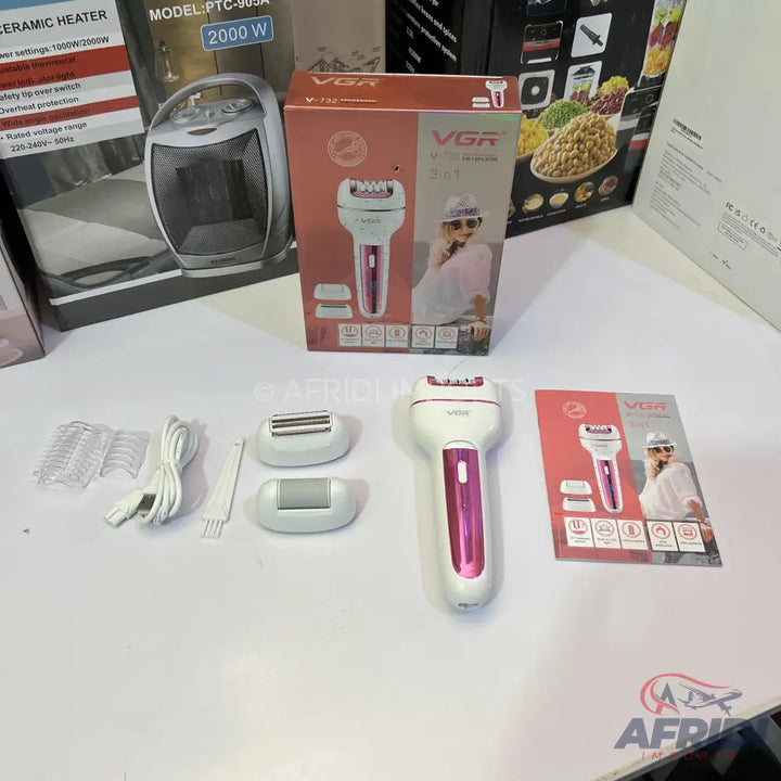 A white and pink 3-in-1 electric shaver with interchangeable heads and accessories.
