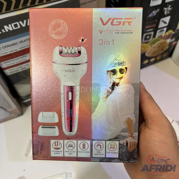 A VGR V-732 3-in-1 epilator with 18 tweezers, built-in LED, lithium battery, and USB charging capabilities.