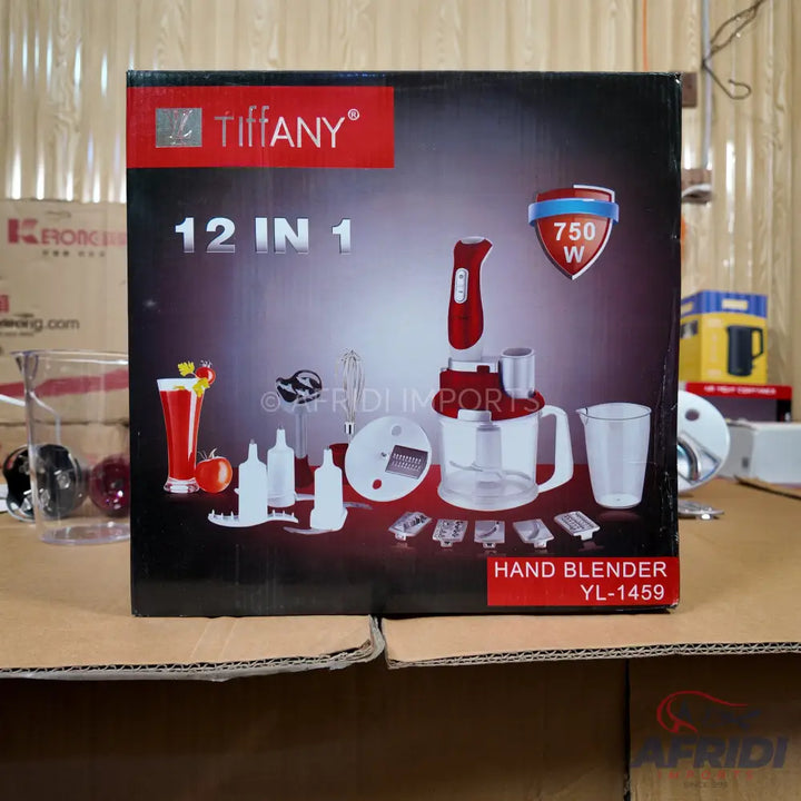 A ’Tiffany’ brand 12-in-1 hand blender with a 750W motor, model YL-1459, complete with various attachments for food preparation.
