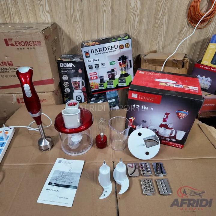 A multi-purpose blender set with various attachments and accessories.