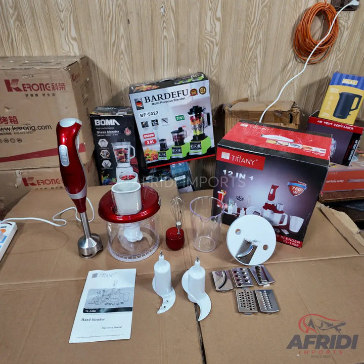 A set of kitchen blenders and food processors with various attachments.
