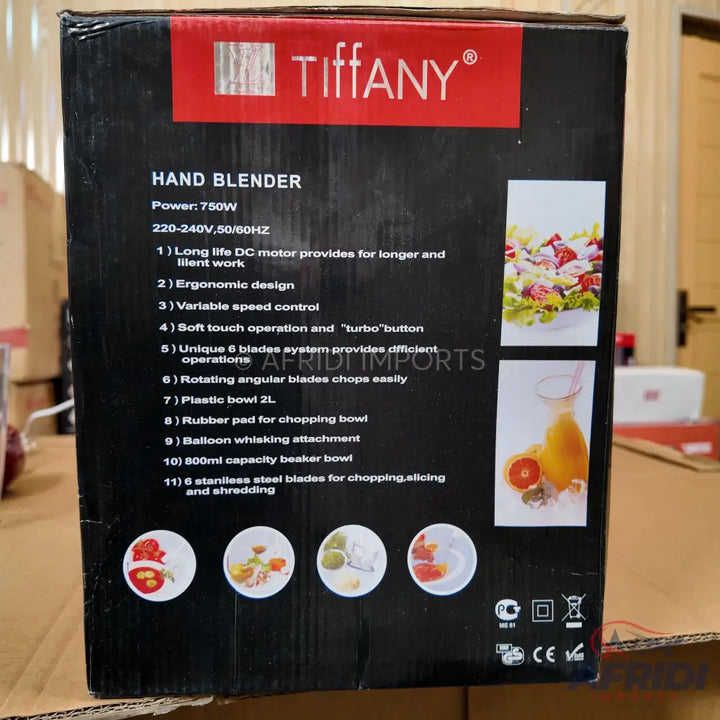 A Tiffany brand hand blender with a 750W motor, variable speed control, and various attachments for chopping, whisking, and blending.