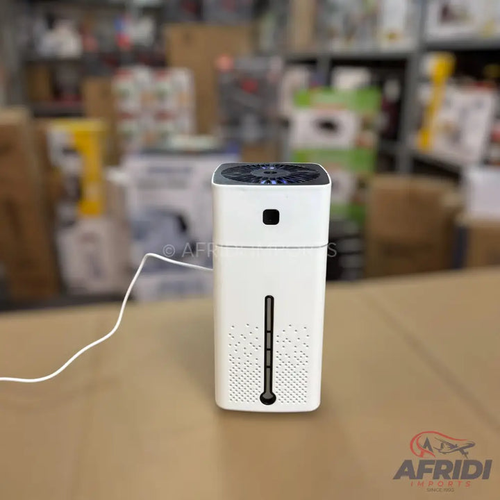 White rectangular air purifier with a black top panel, a visible water level indicator, and a power cord.