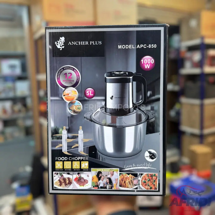 A silver food chopper with a 5-liter capacity and 1000 watts of power.