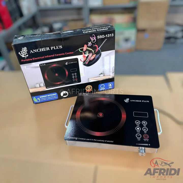 Black portable electric infrared ceramic cooktop with digital controls.