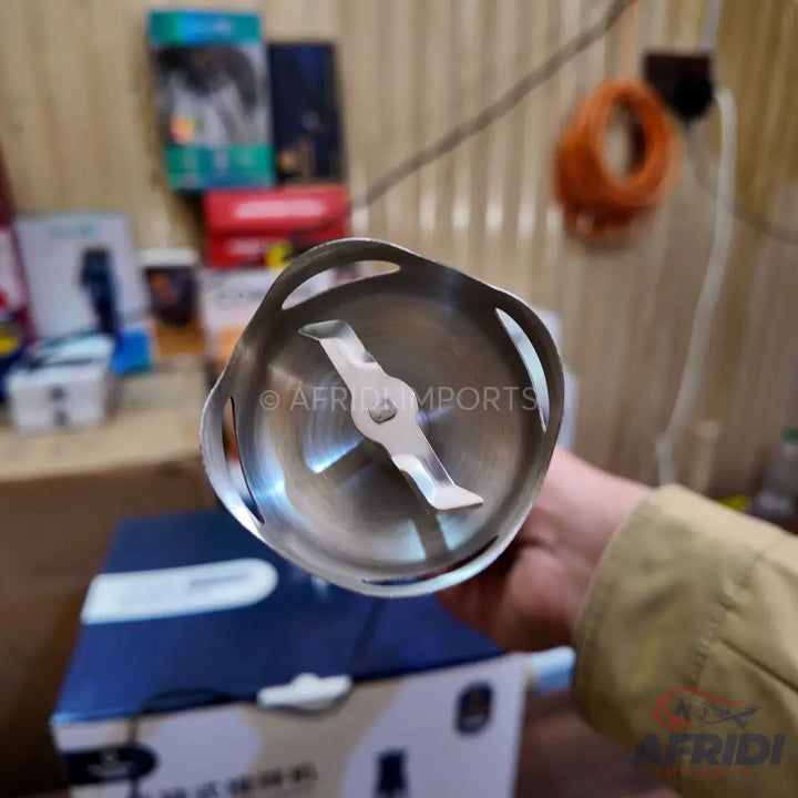 Stainless steel immersion blender head with a two-pronged blade.