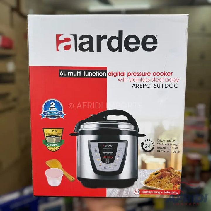Ardee 6L multi-function digital pressure cooker with stainless steel body and ceramic inner pot, featuring a 2-year warranty and a 24-hour delay timer.