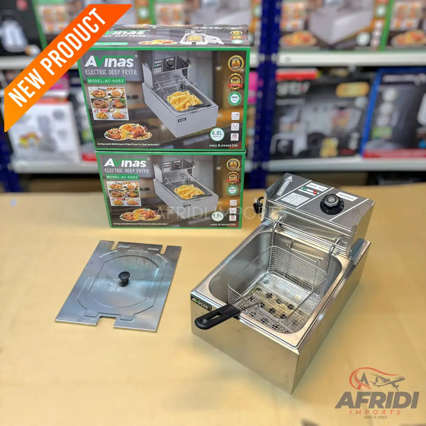 Stainless steel electric deep fryer with a removable basket and adjustable temperature control.