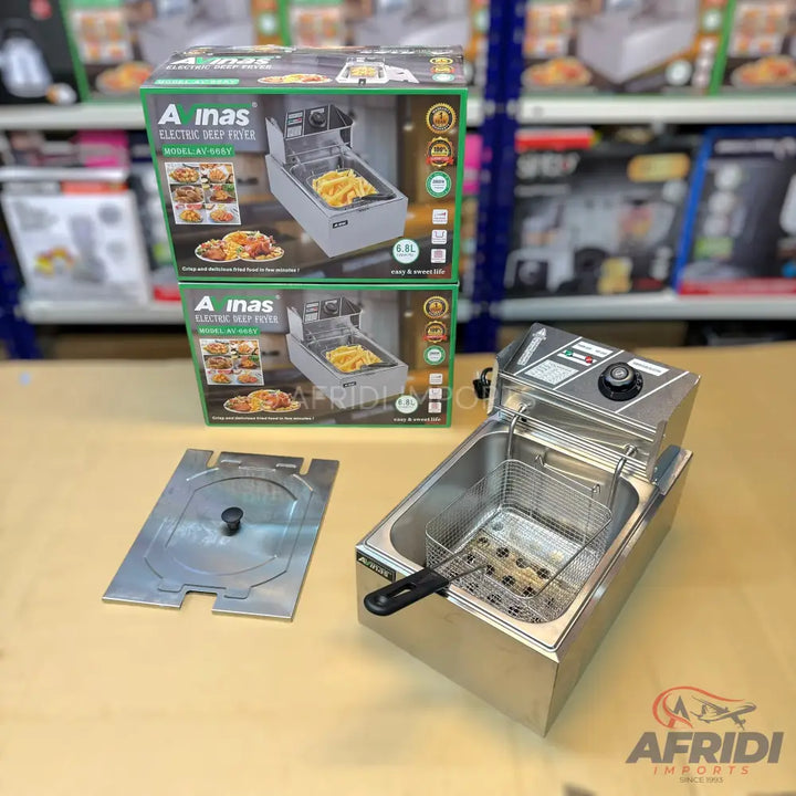 Stainless steel electric deep fryer with a removable basket and adjustable temperature control.