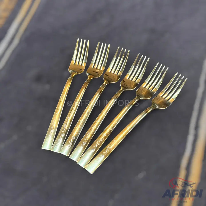 AYD 6 Piece Open Golden Fork - Design Engraved