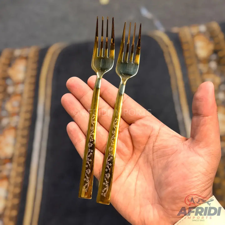AYD 6 Piece Open Golden Fork - Design Engraved