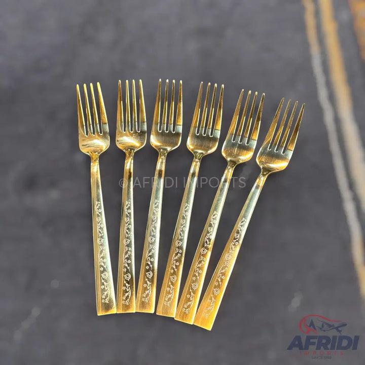 AYD 6 Piece Open Golden Fork - Design Engraved