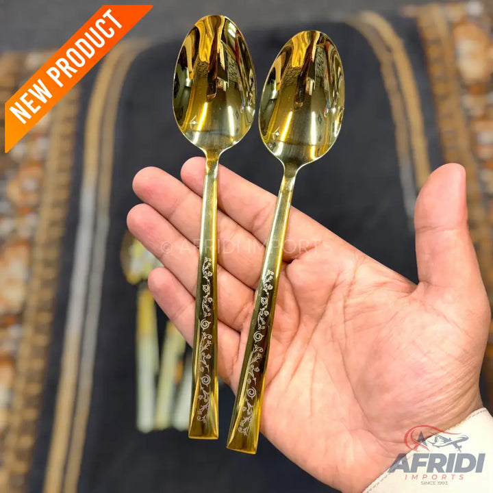 AYD 6 Piece Open Golden Spoon - Design Engraved