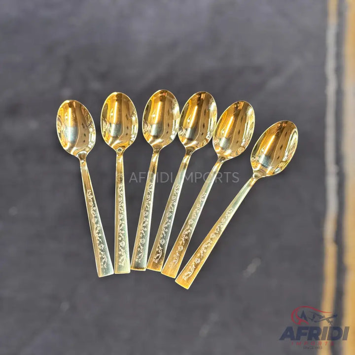 AYD 6 Piece Open Golden Tea Spoon - Design Engraved