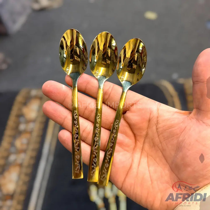 AYD 6 Piece Open Golden Tea Spoon - Design Engraved
