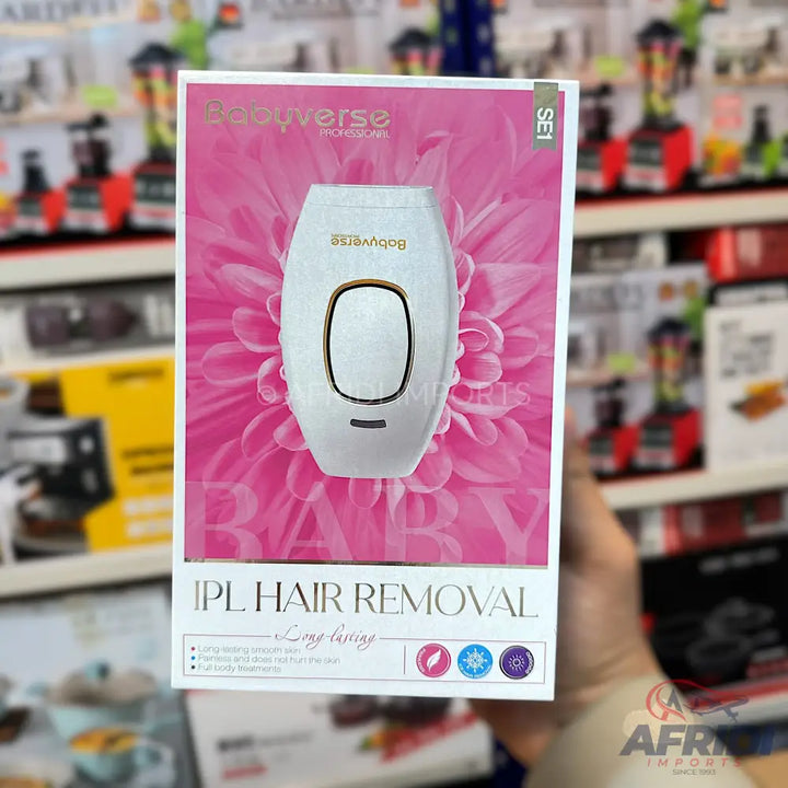 White IPL hair removal device packaging with pink floral design.