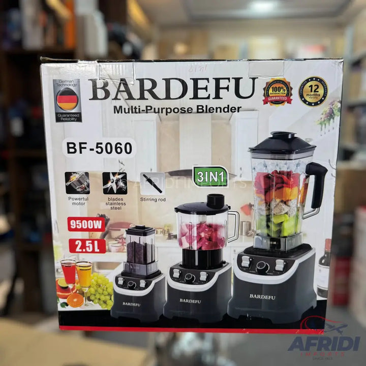 A multi-purpose 3-in-1 blender with a 9500W motor, 2.5L capacity, and stainless steel blades.