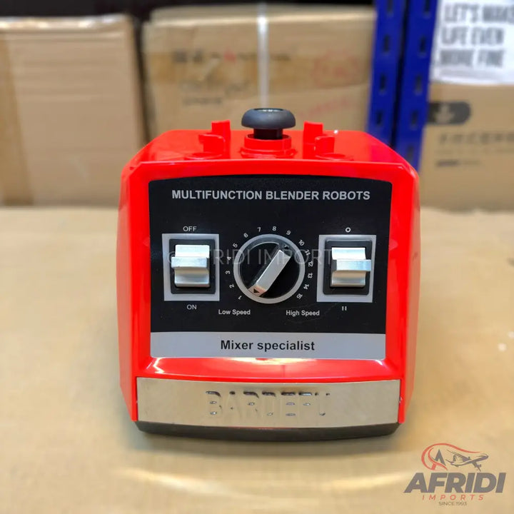 Red multifunction blender base with speed control and power switches.