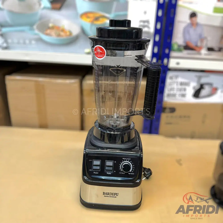 Black and silver blender with a clear pitcher.