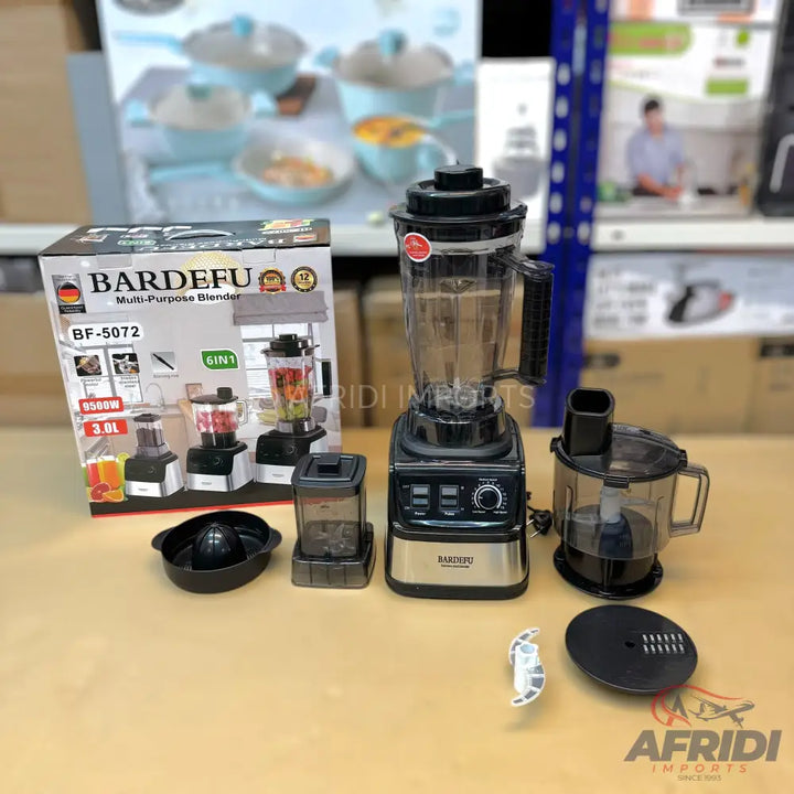 A multi-purpose blender with a large pitcher, a food processor attachment, and several accessories for various functions.