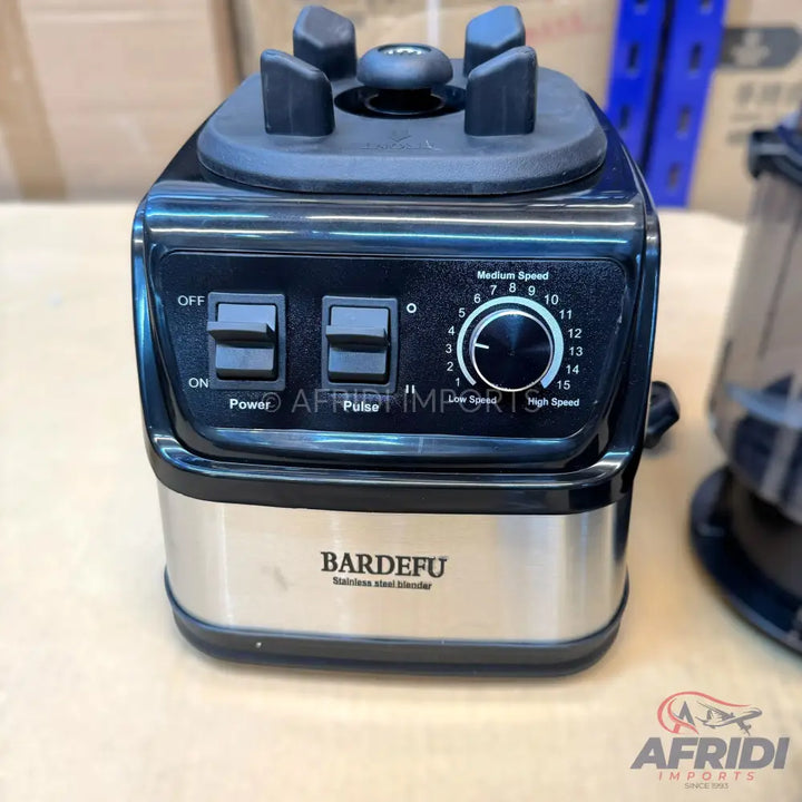 A black and silver countertop blender with power, pulse, and variable speed controls.