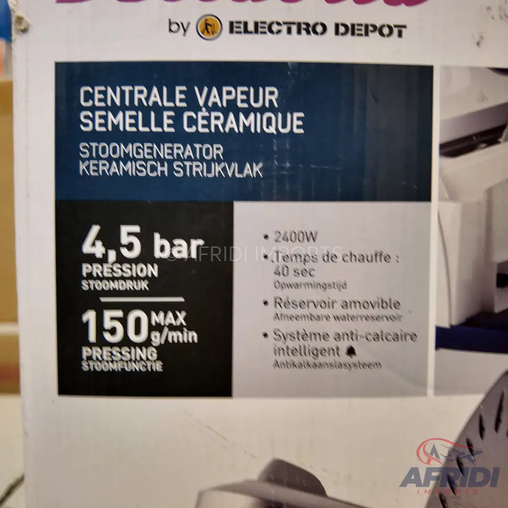 Box for a steam generator iron with ceramic soleplate.