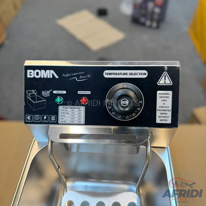 A stainless steel deep fryer with temperature control and frying recommendations.