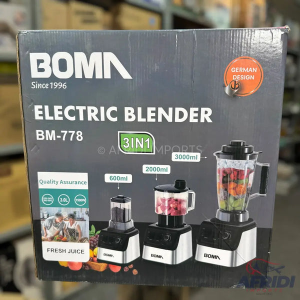 A BOMA 3-in-1 electric blender (BM-778) with 600ml, 2000ml, and 3000ml capacities, featuring a German design and quality assurance for fresh juice.