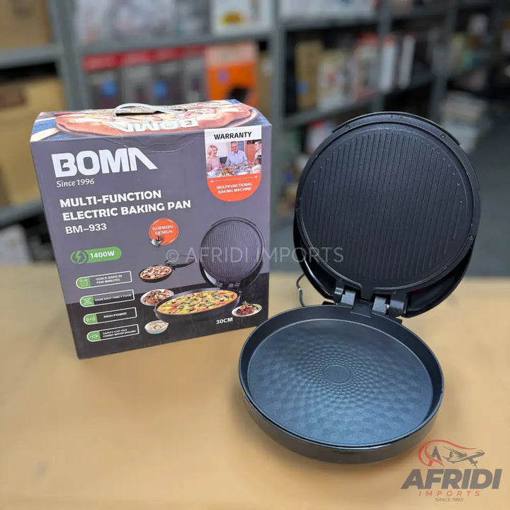 A black Boma multi-function electric baking pan with a ribbed top heating plate and a smooth, patterned bottom plate, ideal for baking various dishes.