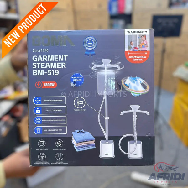 Box for a ’Goma Garment Steamer BM-519’’ with 1800W power, featuring a 1-year warranty, professional ironing capabilities, German design, freedom of movement, safety cap design, beauty to remove wrinkles, and options for steaming various clothes.