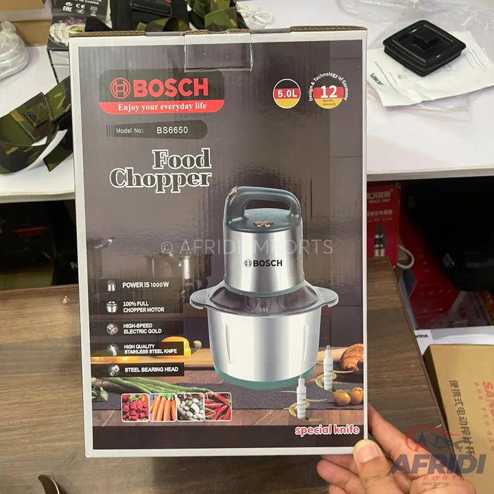 A Bosch-branded food chopper with a 5.0L capacity, 1800W power, 100% full chopper motor, high-speed electric gold, high-quality stainless steel knife, and steel bearing head, including a special knife.