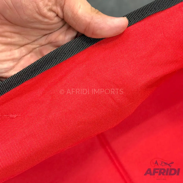 Red fabric with black trim.