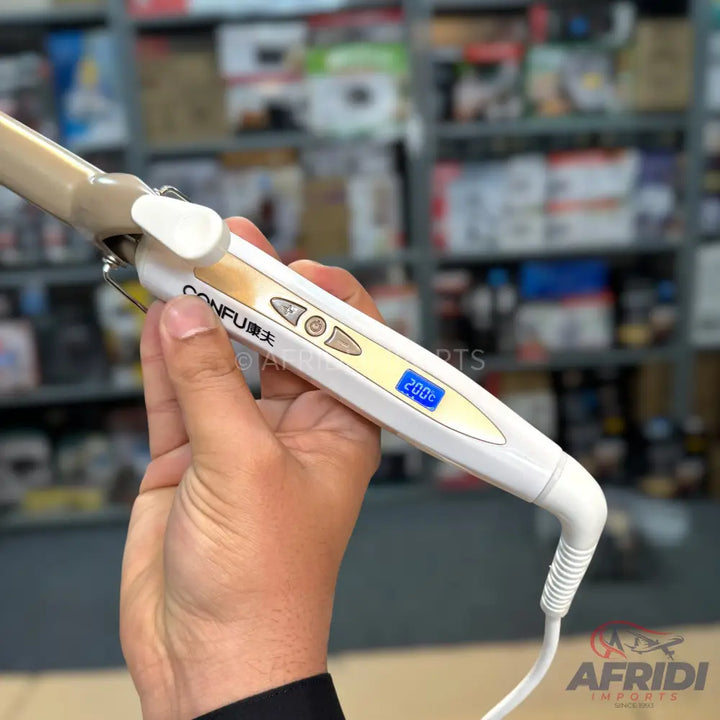 A white and beige hair curling iron with a digital temperature display showing 200°C.