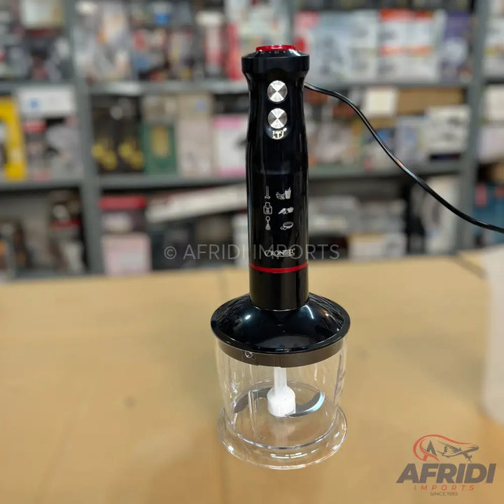 Black immersion blender with a clear chopping attachment.
