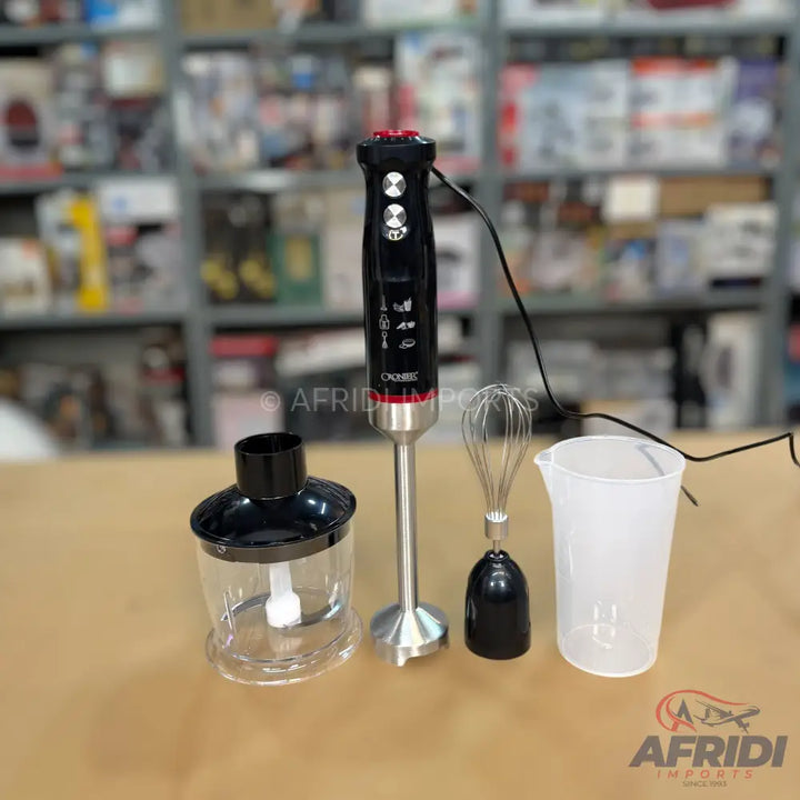 A black and silver immersion blender with multiple attachments including a chopper, whisk, and measuring cup.