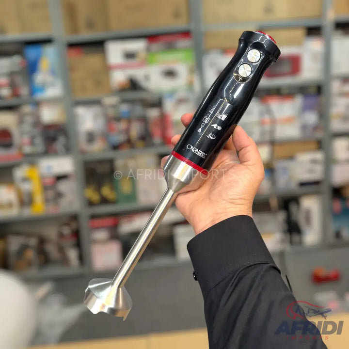 A black and silver immersion blender with two control buttons.