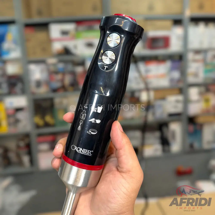 Black and silver handheld immersion blender with red accents.