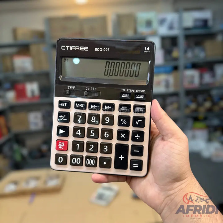 A black and rose gold 14-digit electronic calculator with basic arithmetic functions.