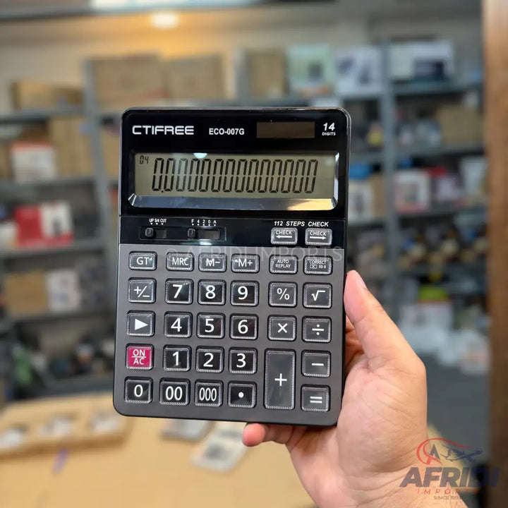 A black and gray scientific calculator with a large digital display and multiple function buttons.