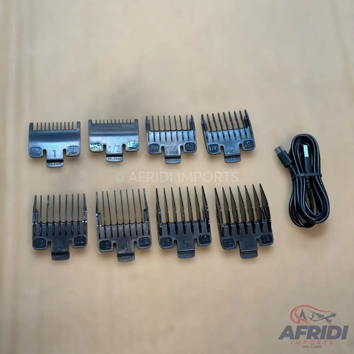 A set of hair clipper guards and a charging cable.