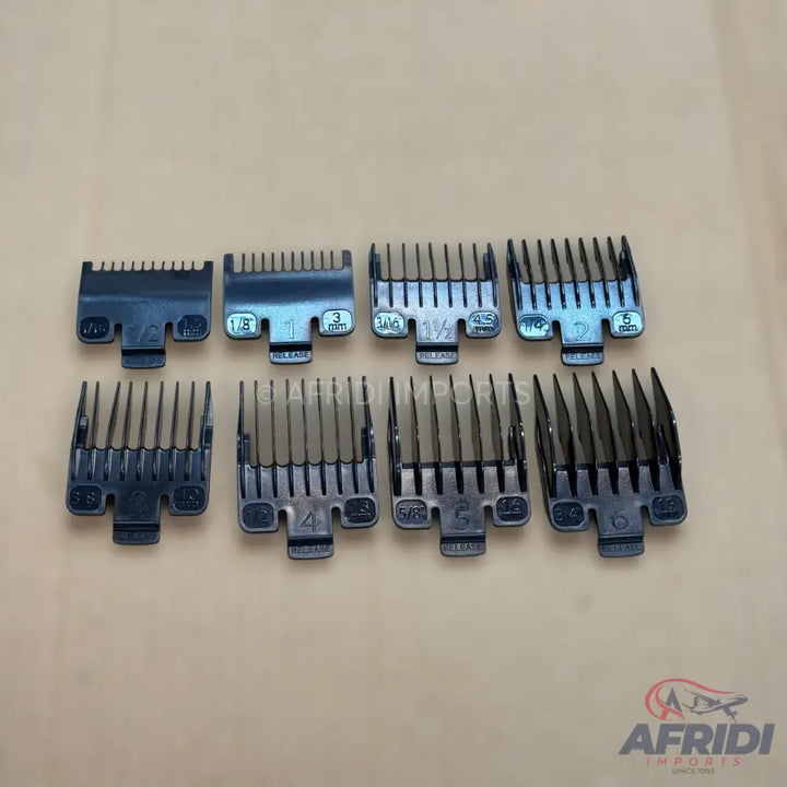 A set of metal hair clipper guards in various sizes.