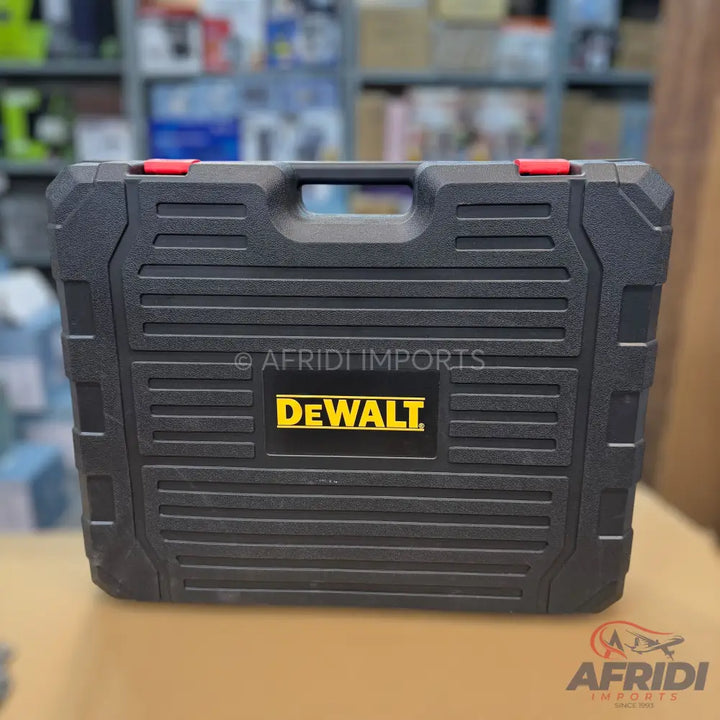 Black DeWalt tool case with red latches.